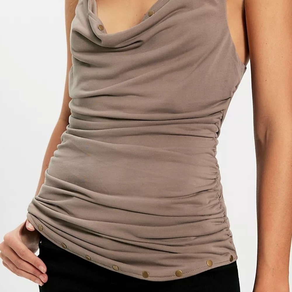 NWT Free People taupe draped tank with metal logo tab